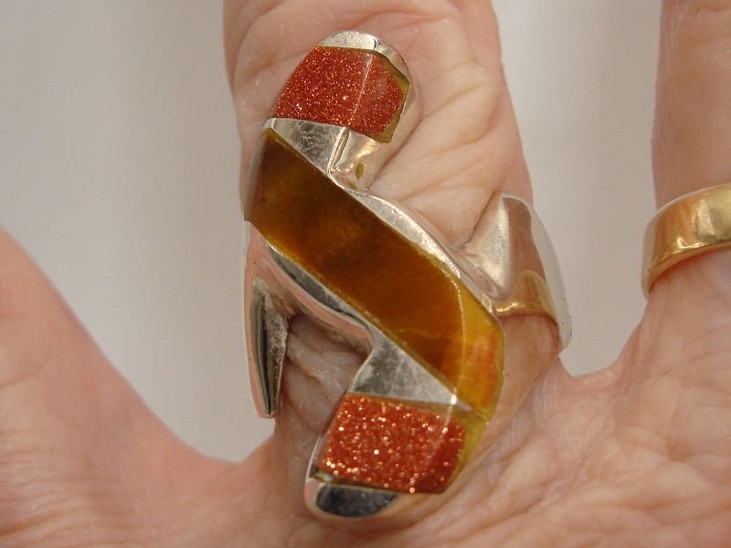 Mexico Modernist Sterling Silver Ring with Tiger's Eye & Goldstone, Size 8