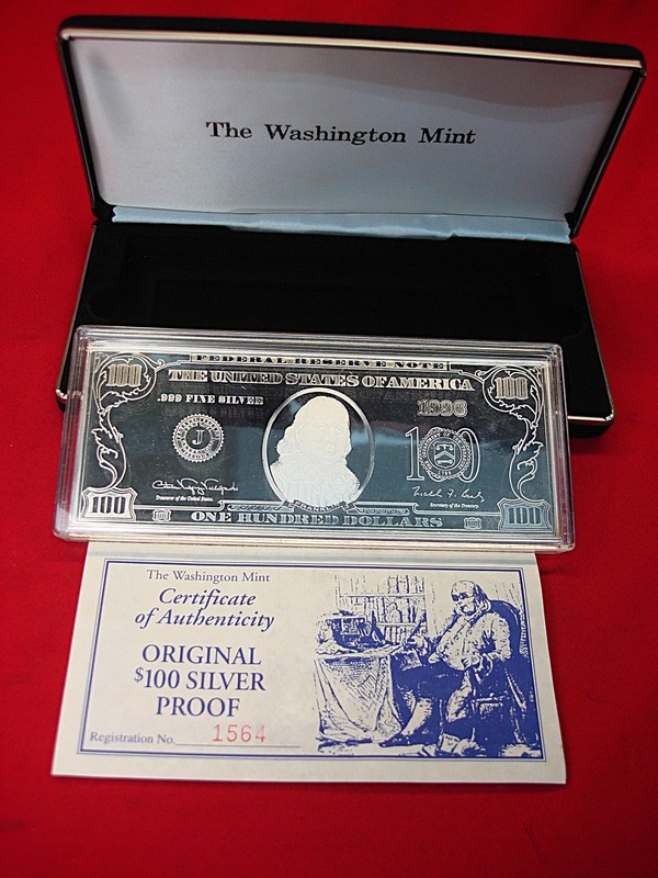 Washington Mint 4 oz .999 Fine Silver $100 Franklin Proof Bar - Original Box