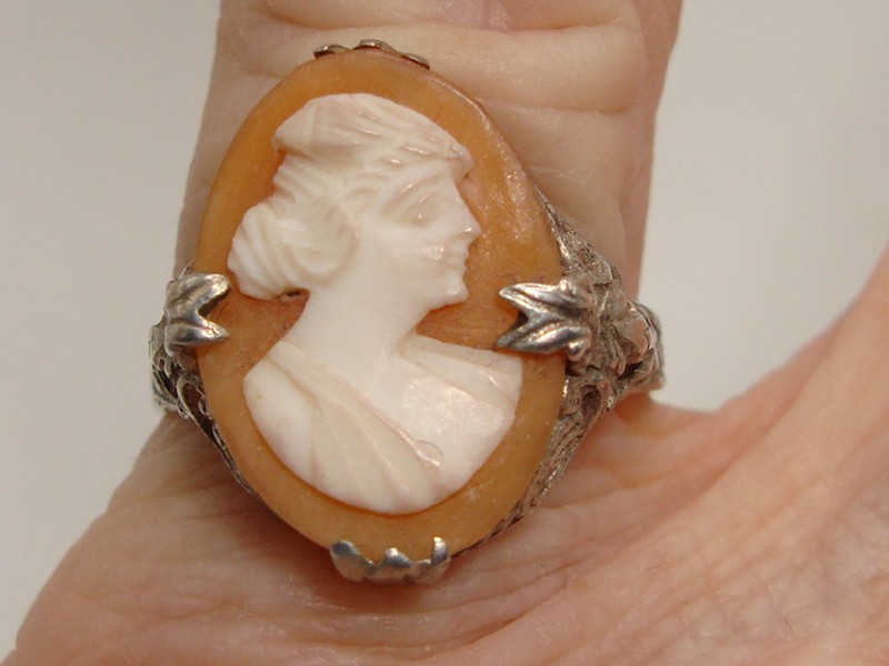 Antique Victorian sterling silver shell cameo ring, size 6