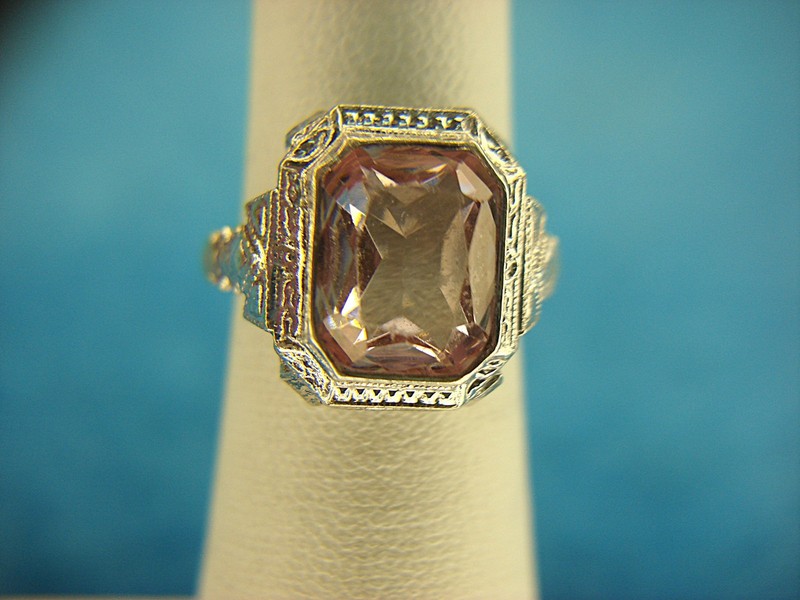 Vintage sterling silver ring with a pink emerald-cut stone