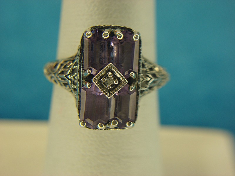 Vintage sterling silver ring with amethyst and diamond accents, size 6 3/4
