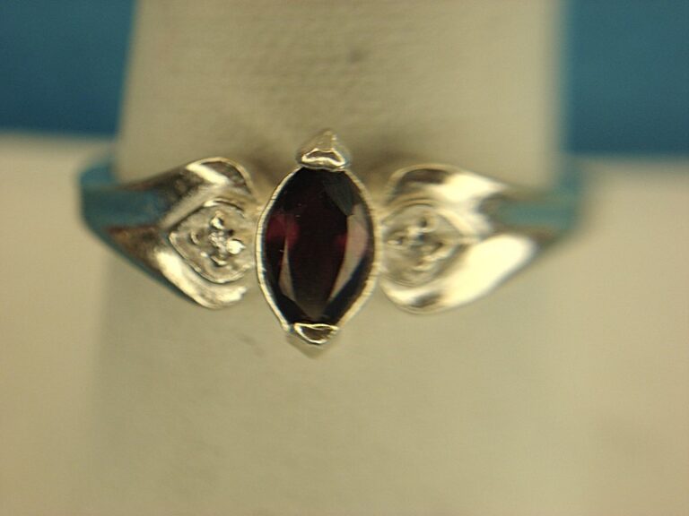 Sterling silver marquise red stone ring with sim diamonds, size 9.75 (pre-owned)