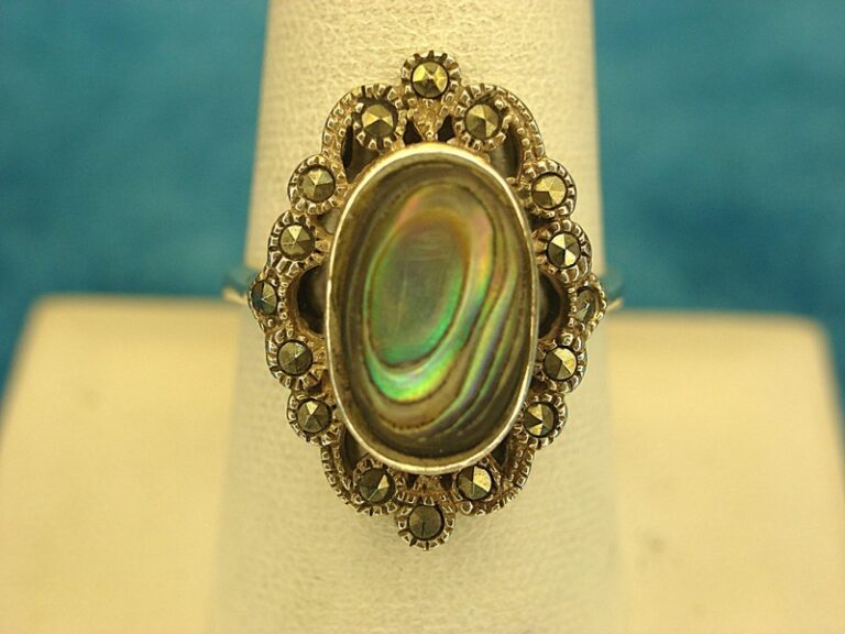 Sterling silver ring with abalone and marcasites, size 9