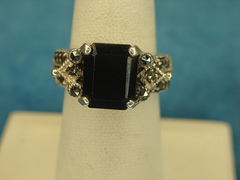 Sterling silver ring with faux onyx and marcasites, size 7