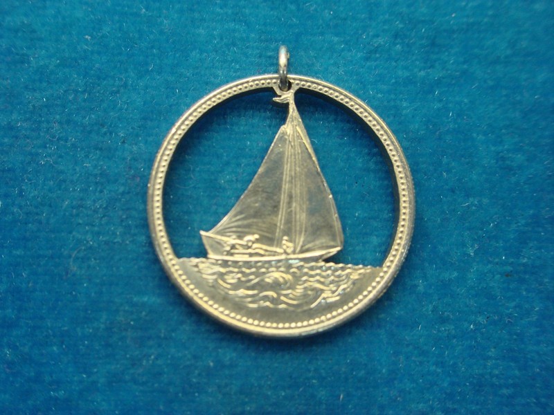 Vintage Bahamas 25 Cent Coin Charm & Pendant - Sailboat Cutout Design