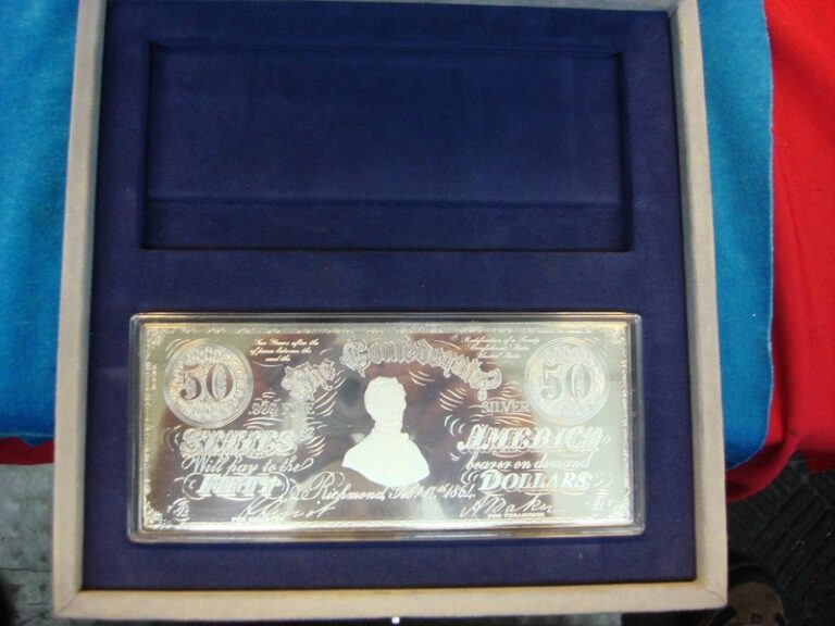 8 Troy ounce .999 fine silver Confederate $50 proof bar in original box and capsule