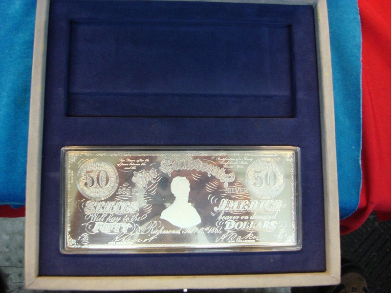 8 Troy ounce .999 fine silver Confederate $50 proof bar in original box and capsule