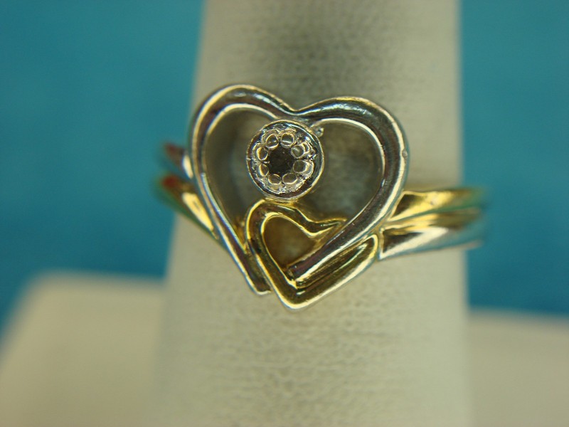 Sterling silver heart ring with gold vermeil accent and diamond, size 7 3/4