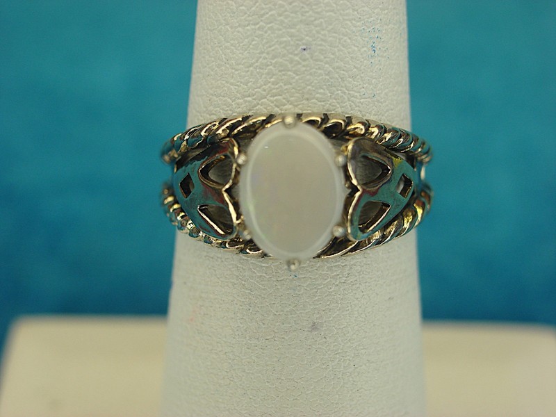 Vintage sterling silver ring with gold vermeil and oval faux opal, size 5.75