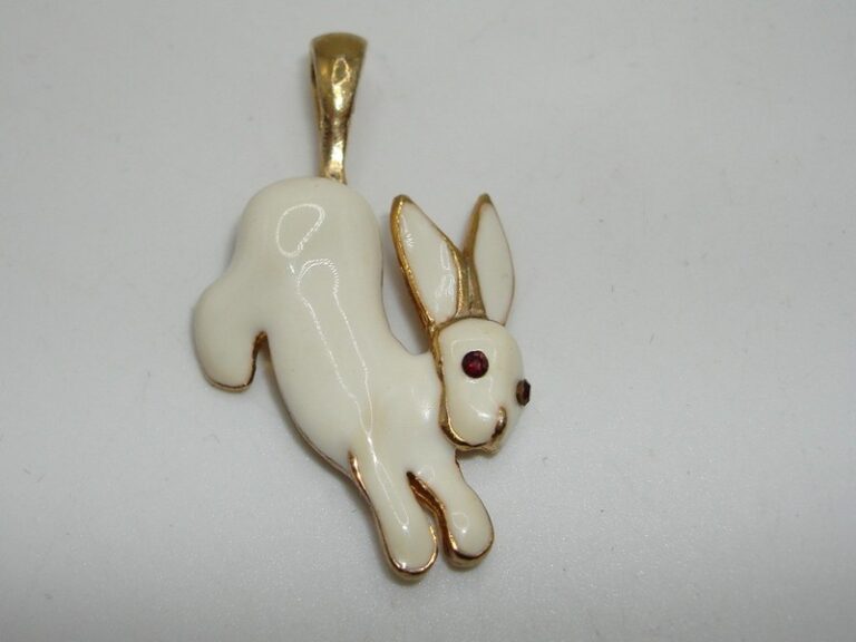 Vintage 1998 White Enamel Rabbit Charm Pendant with Rhinestone Eyes