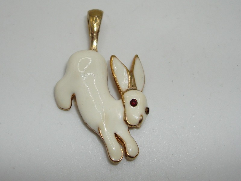 Vintage 1998 White Enamel Rabbit Charm Pendant with Rhinestone Eyes