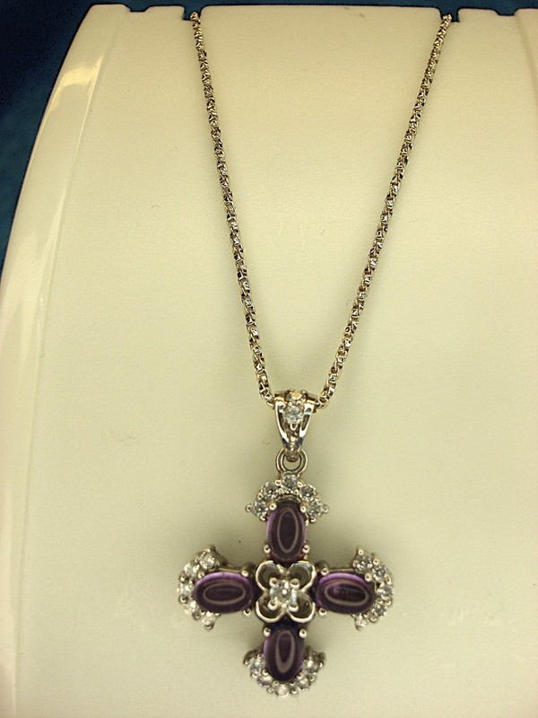 Sterling silver cross necklace with cubic zirconia and amethyst