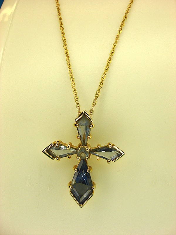 Gold vermeil cross necklace with blue stones and sterling silver chain
