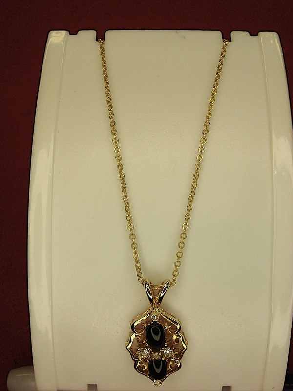 Gold Tone Necklace with Faux Onyx & Diamond Pendant