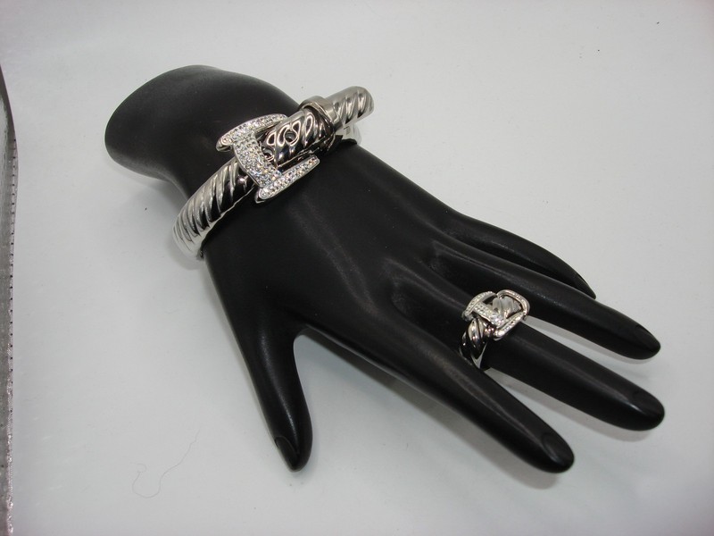 Elegant stainless steel and CZ hinged bangle bracelet & ring set (size 6)