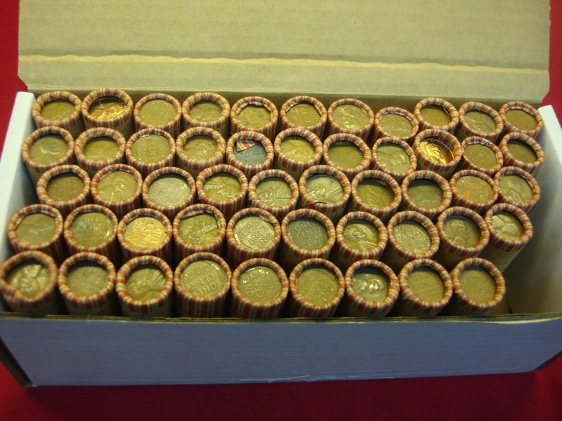 50 bank-wrapped rolls of vintage US wheat cents