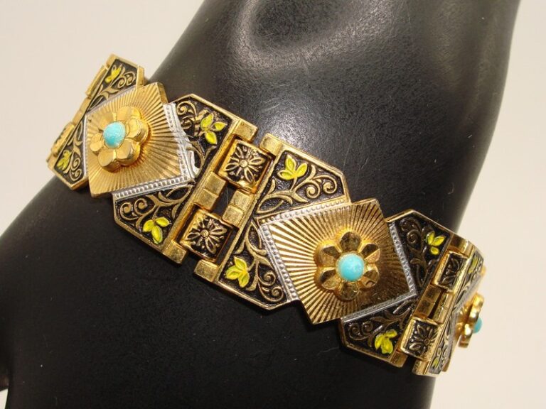 Vintage 1960s Spanish Damascening Gold-Tone Bracelet with Floral & Blue Glass Accent