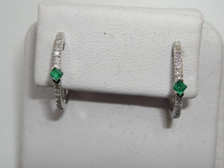 10K white gold emerald and diamond hoop earrings