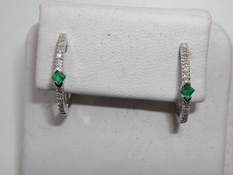 10K white gold emerald and diamond hoop earrings