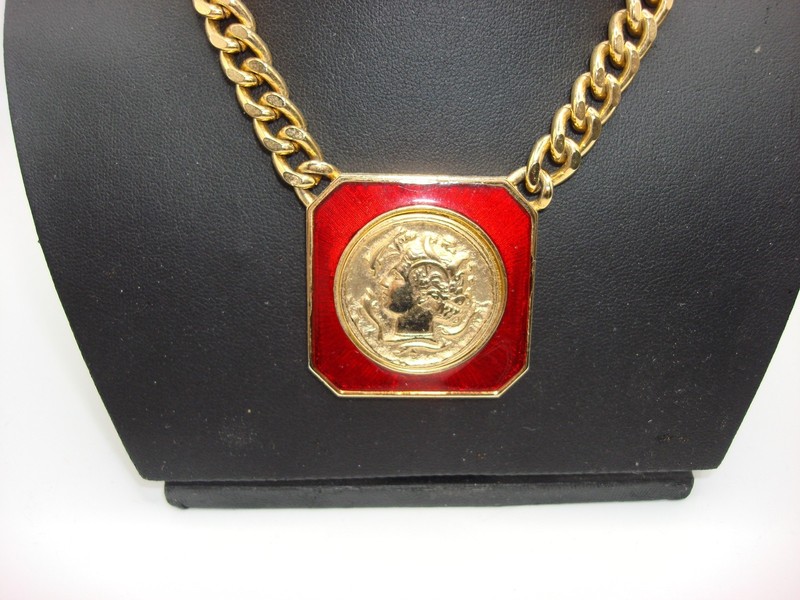 Vintage Elizabeth Taylor Avon red enamel Roman coin pendant necklace