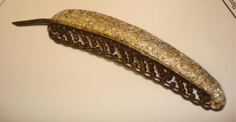 Antique Art Nouveau Plume Pin - Cut Steel & Crushed Mother of Pearl, 4.75" Large