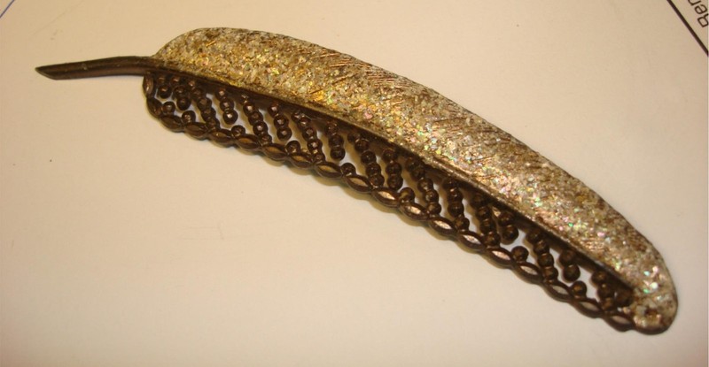 Antique Art Nouveau Plume Pin - Cut Steel & Crushed Mother of Pearl, 4.75" Large