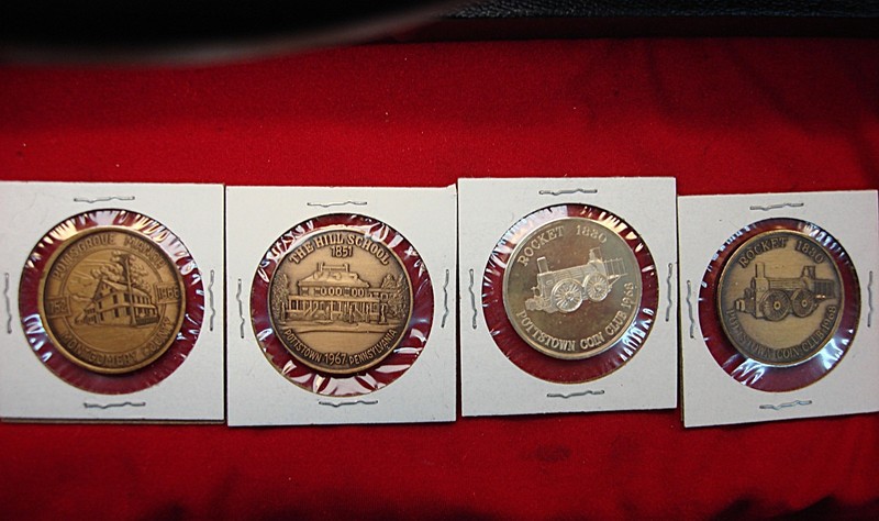 Set of four commemorative medals issued by the Pottstown Coin Club, celebrating their anniversaries in 1966, 1967, and 1968. Three are bronze and one is .999 fine silver.