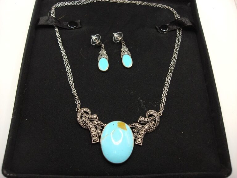 Vintage Sterling Silver Turquoise & Marcasite Necklace & Earrings Set (925)