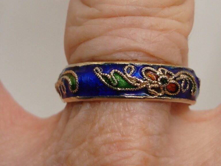 Vintage Art Deco cloisonne ring, size 7, cobalt blue floral design