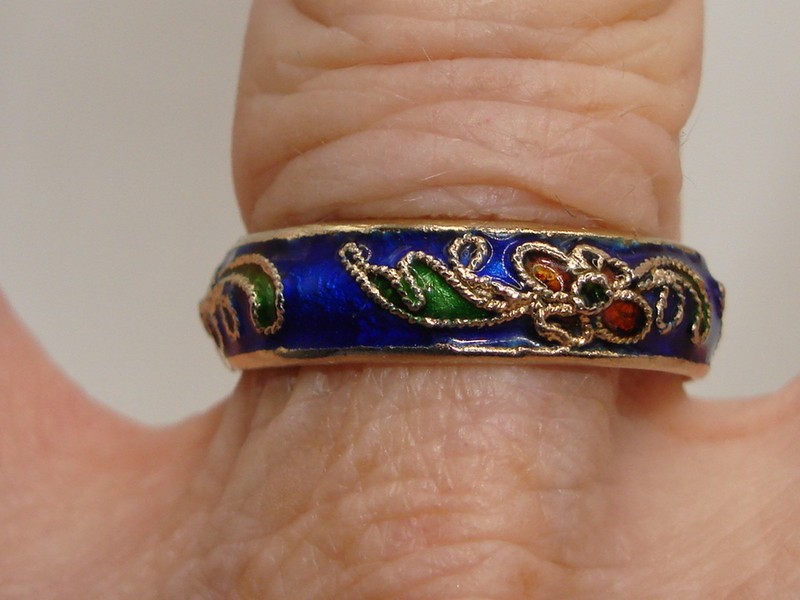 Vintage Art Deco cloisonne ring, size 7, cobalt blue floral design