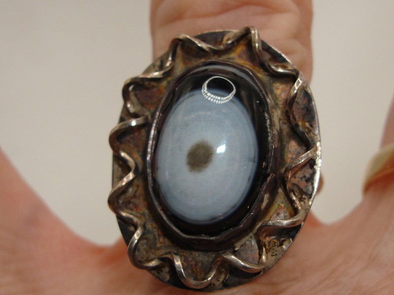 Vintage 1970s sterling silver evil eye agate ring, size 8