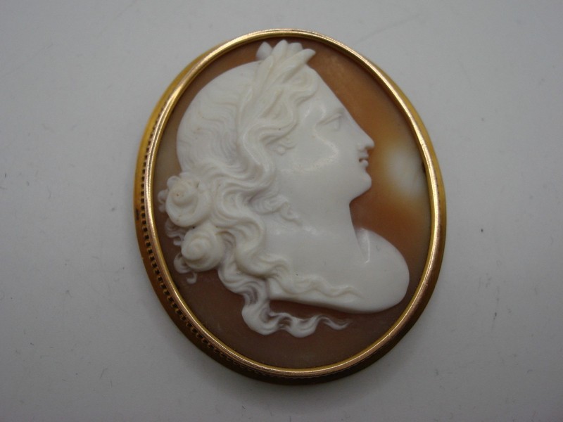 Antique 1870s 14K gold shell cameo brooch, signed and hand carved