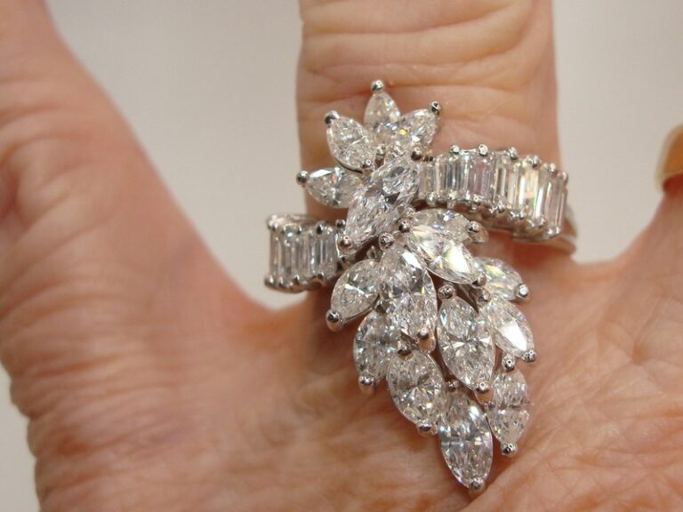 Platinum diamond ring with baguette and marquise diamonds, size 7.5