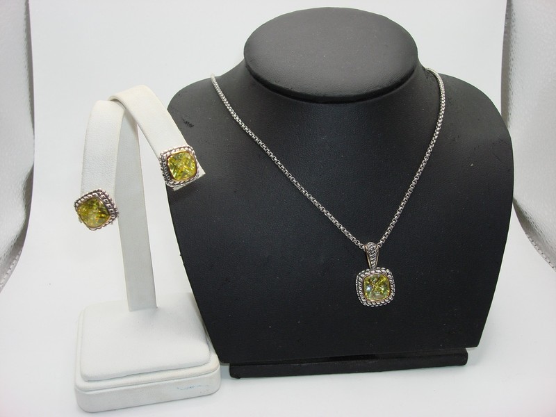 Vintage sterling silver and lemon quartz pendant necklace and earring set (925 Italy)