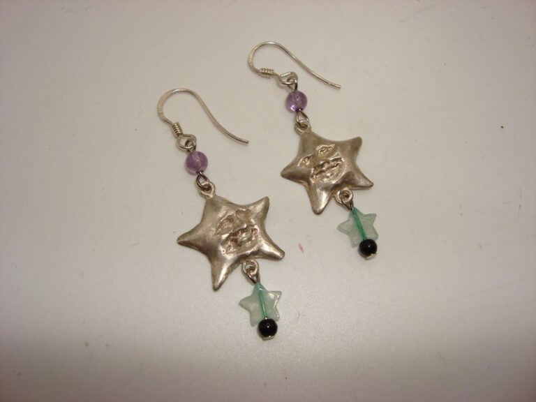 Vintage Lucy NYC Sterling Silver Star Earrings with Amethyst & Chrysoprase Dangles