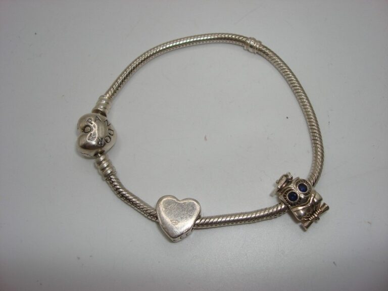 Vintage Pandora Sterling Silver Charm Bracelet with Owl and Graduation Heart Charms