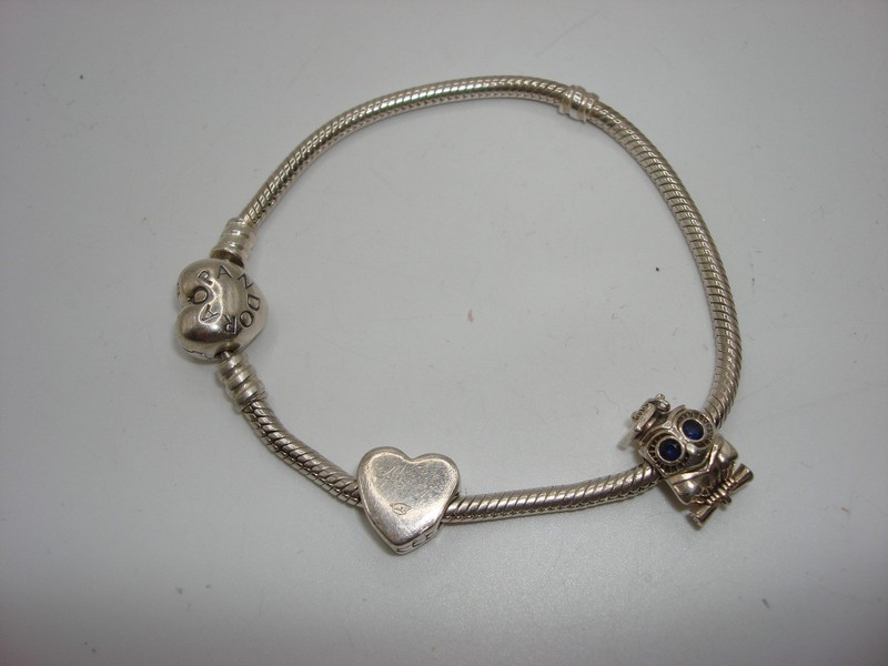 Vintage Pandora Sterling Silver Charm Bracelet with Owl and Graduation Heart Charms