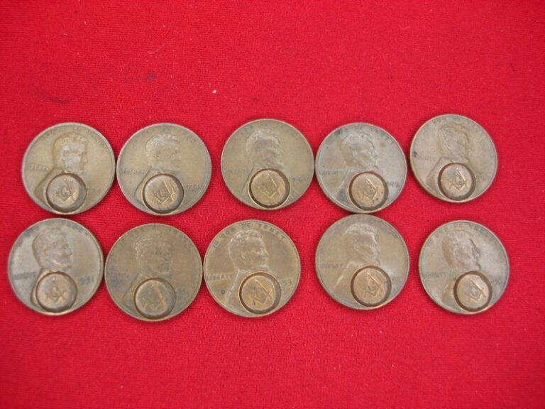 10 Lincoln Wheat Cents with Masonic Stamp - Unique Dates & Mint Marks