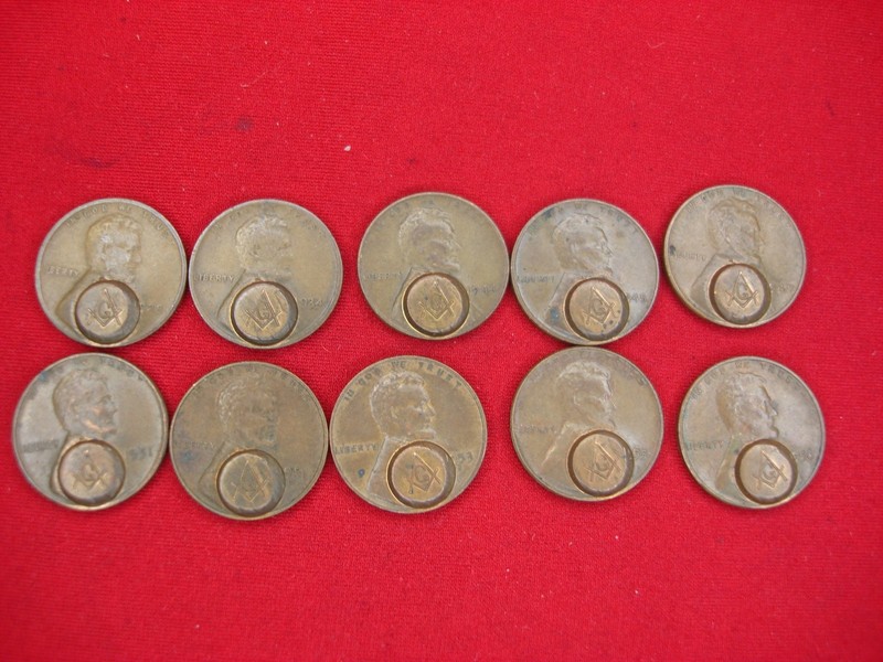 10 Lincoln Wheat Cents with Masonic Stamp - Unique Dates & Mint Marks
