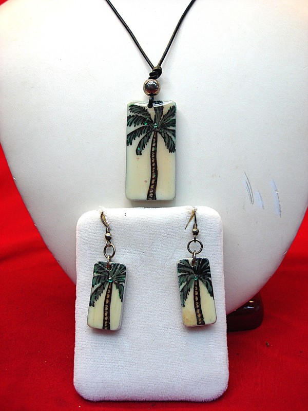 Artisan palm tree jewelry set on gaming tiles, sterling silver earrings and necklace