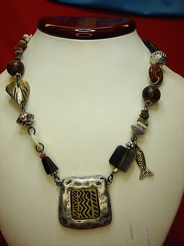 Preowned Chico's Signed Statement Necklace with Unique Objects