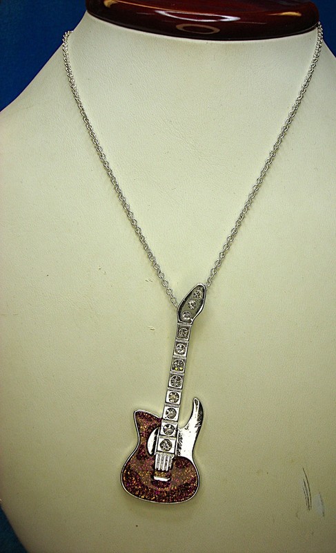 Official Disney Hannah Montana Silver Tone Guitar Necklace with Glitter and Diamonds