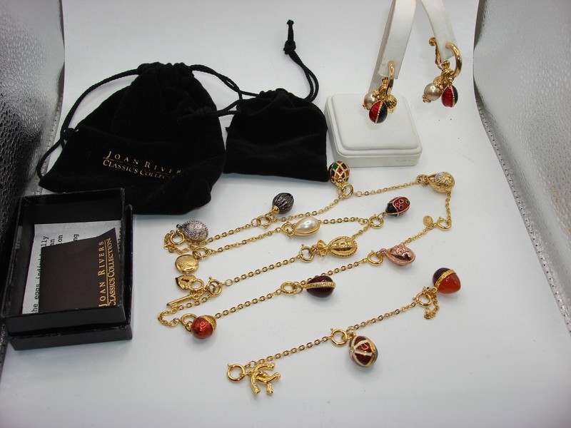Vintage Joan Rivers Faberge Egg Necklace & Earrings Set | Estate Jewelry | 10 Eggs, Heart Charm, Gold-Tone