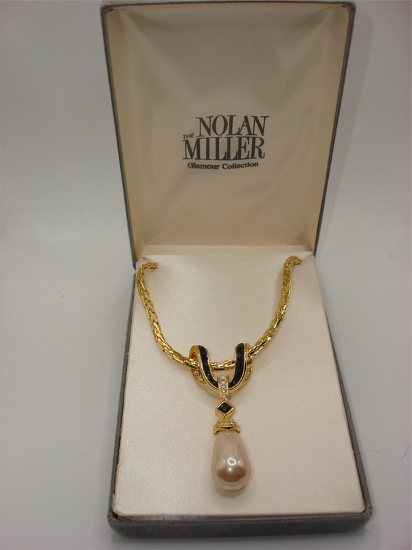 Vintage Nolan Miller Glamour Collection Faux Pearl & Sapphire Pendant Necklace