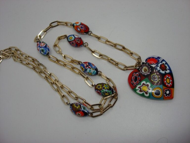Vintage 1970s Millefiore heart pendant and bead necklace