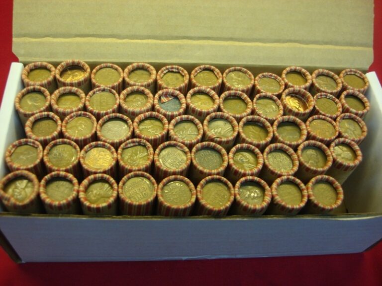 50 bank-wrapped rolls of vintage US wheat pennies, including Indian and steel cents