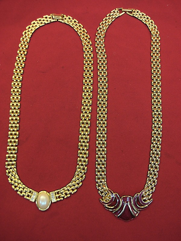Gold tone choker necklace set with enamel and faux pearl, two-piece lot