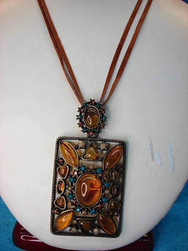 Amber and multi-color stone pendant necklace