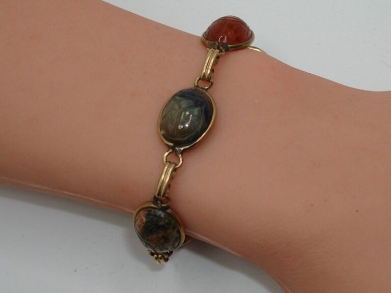Vintage 12K Gold Filled Scarab Bracelet with Five Genuine Gemstone Beetles