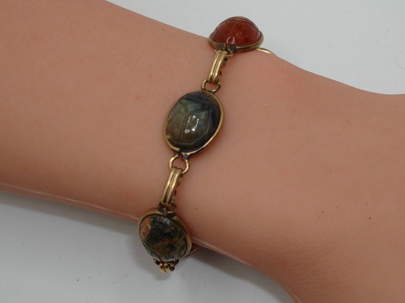 Vintage 12K Gold Filled Scarab Bracelet with Five Genuine Gemstone Beetles
